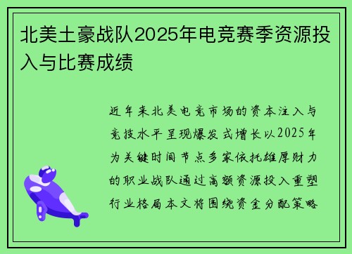 北美土豪战队2025年电竞赛季资源投入与比赛成绩